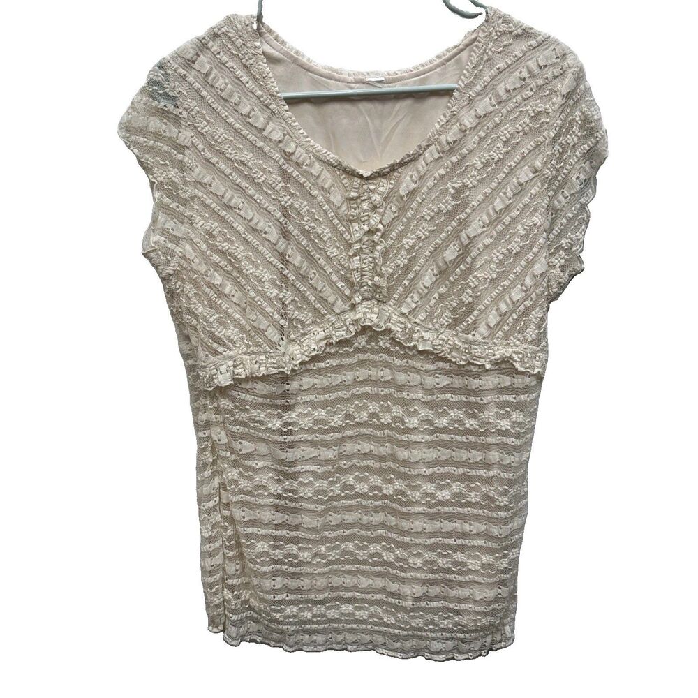 Vintage Y2K Lace Baby doll Top Fairy L Coquette Cottage Ivory Lined Cap Sleeve